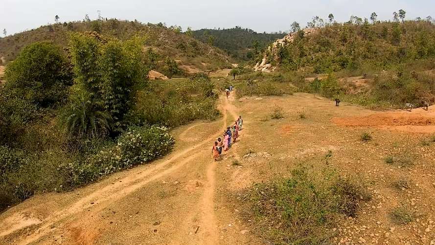people walking through African landscape