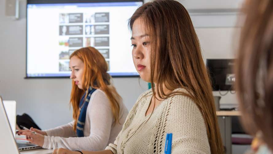 Students attending a seminar/lecture in the Enterprise Centre on campus.