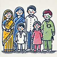 Illustration of a smiling family of six, including adults and children, in colorful traditional Indian attire, standing together.