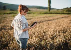 woman in field looking at apparatus tablet